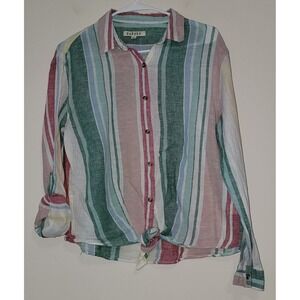 HARPER Striped Linen Cotton Blend Button Front Tie Front Shirt Blouse Top M